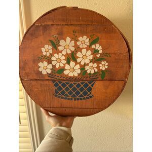 Wooden cheese box floral daisy bouquet round storage vintage kitchen decor